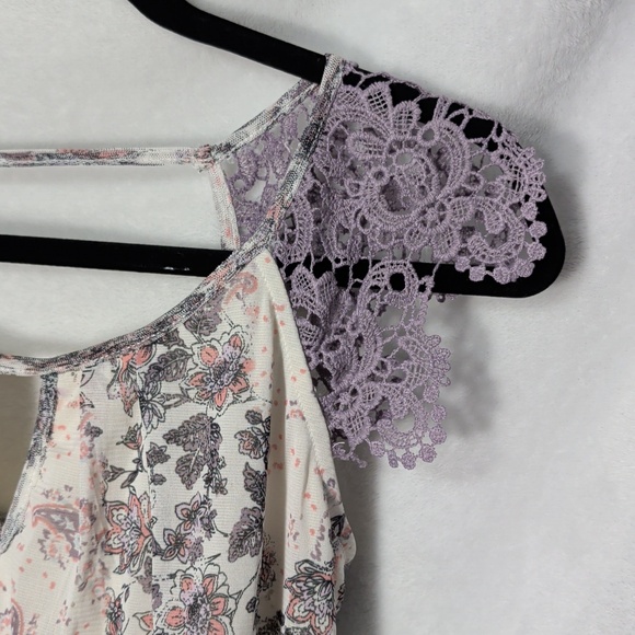 Maurices Cream Floral Paisley Tank with Lavender Lace Shoulders - Picture 3 of 6